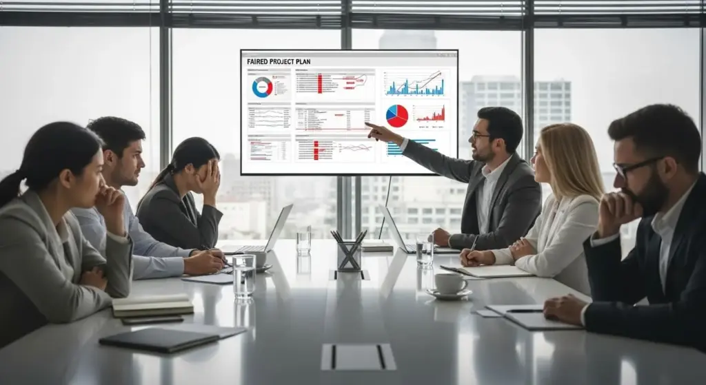 Equipe frustrada analisando um plano de projeto de software malsucedido em uma tela grande em sala de reunião corporativa.