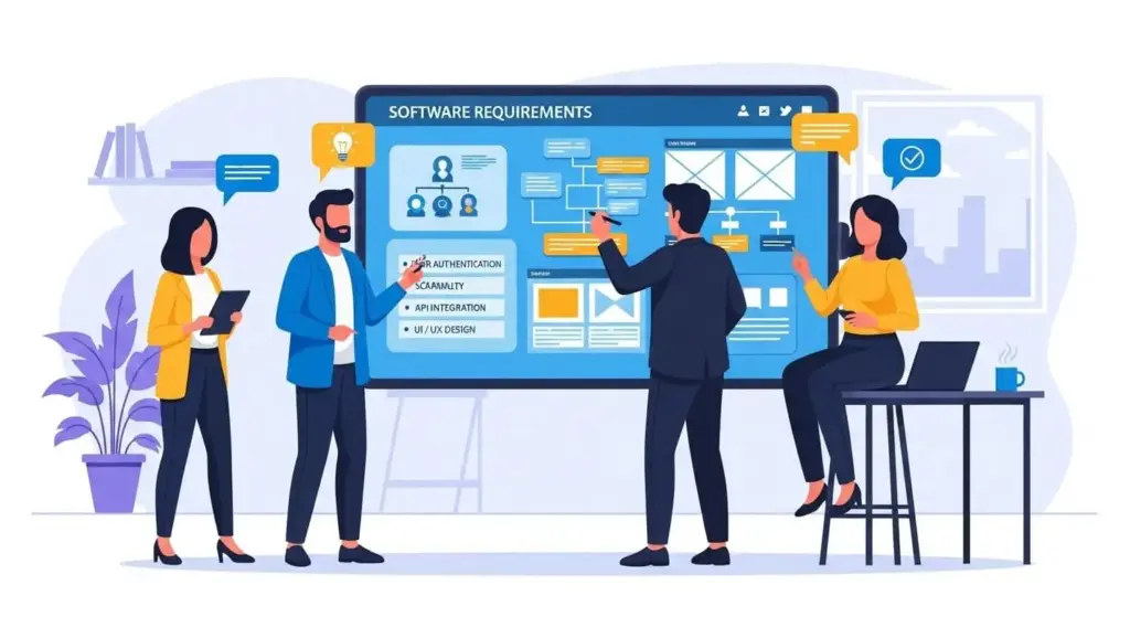 Equipe definindo requisitos e funcionalidades de software em um quadro digital em uma ilustração moderna.