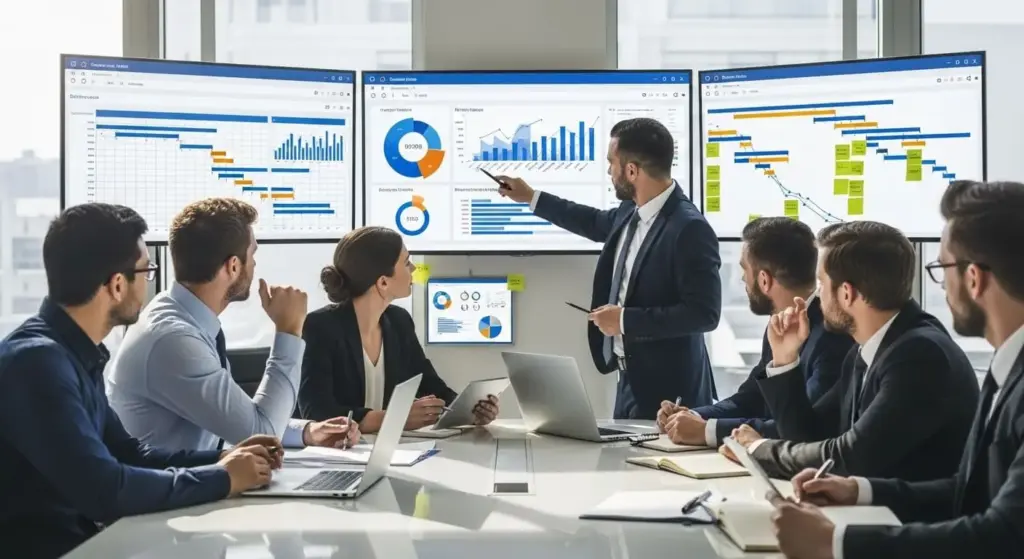 Equipe empresarial colaborando e analisando o status de um projeto em telas durante uma reunião.