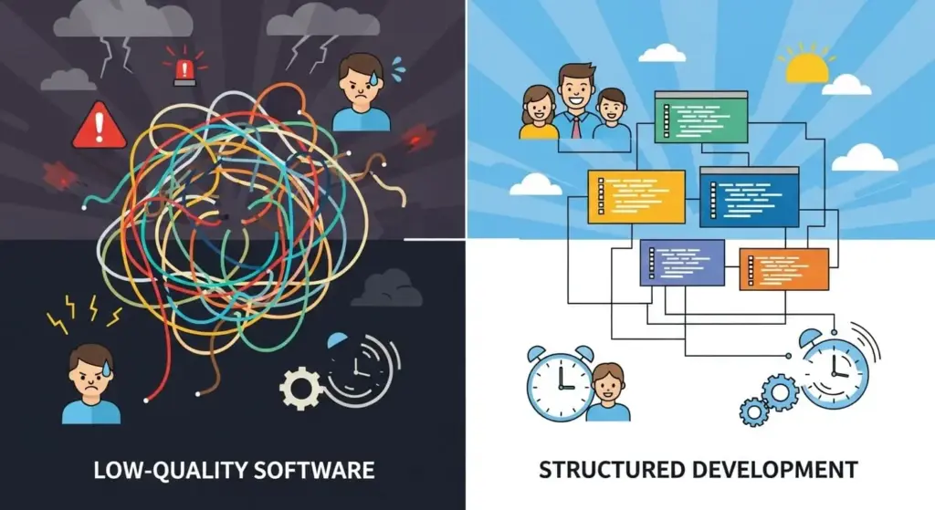 Comparação visual entre projeto de software de baixa qualidade e desenvolvimento estruturado em ilustração profissional.