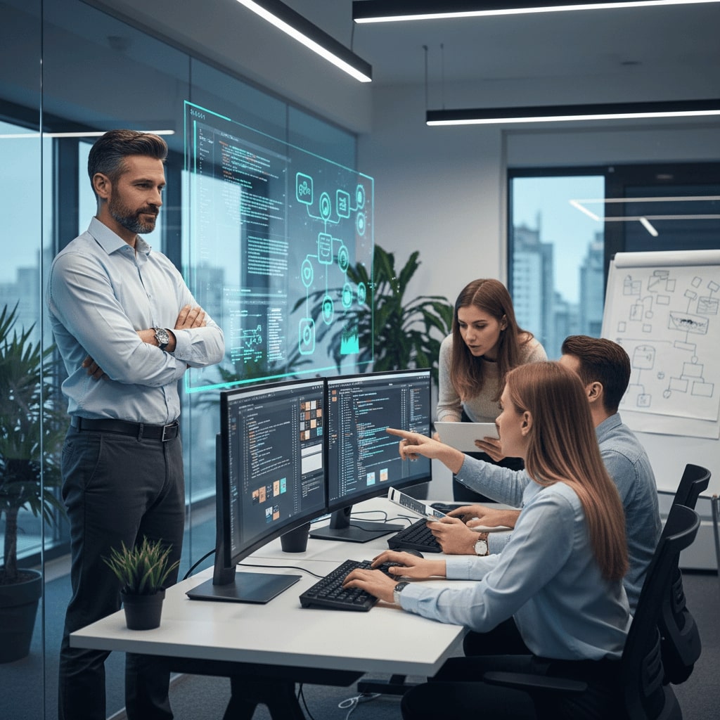 Empresário observando uma equipe de desenvolvimento trabalhando em um projeto digital, representando inovação tecnológica
