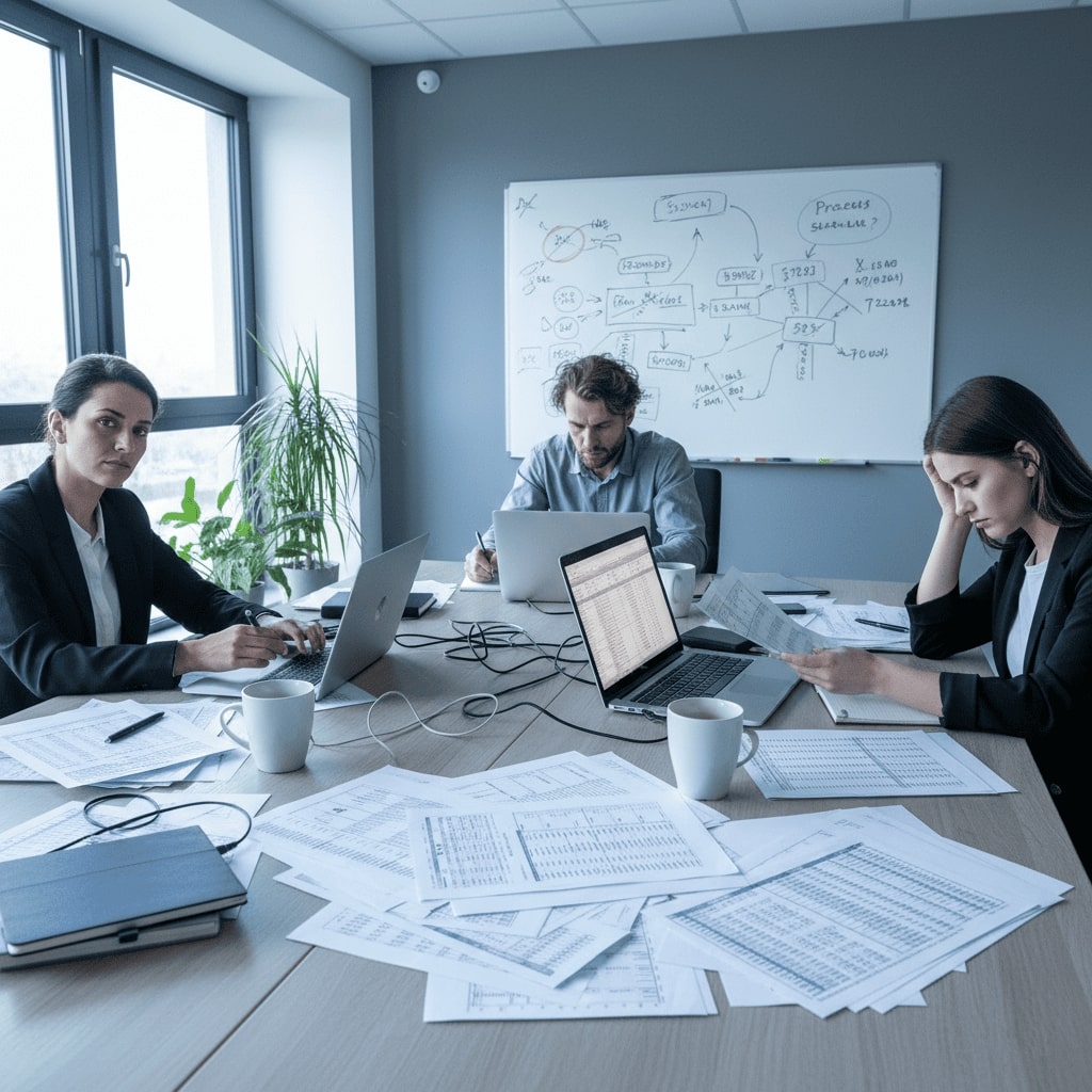 Equipe analisando planilhas enquanto parte do processo é automatizado por software