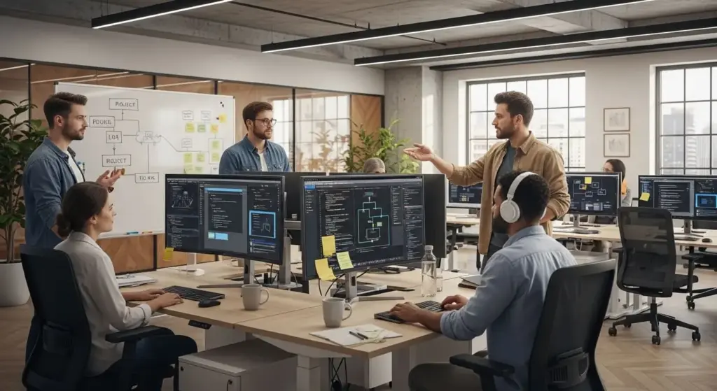 Equipe de desenvolvimento colaborando diante de telas em um escritório moderno