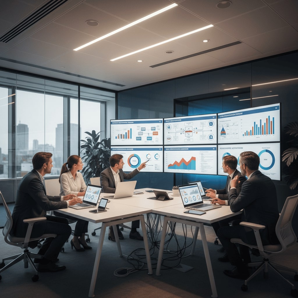 Gestores analisando gráficos e fluxos de trabalho em telas, simbolizando integração de sistemas empresariais