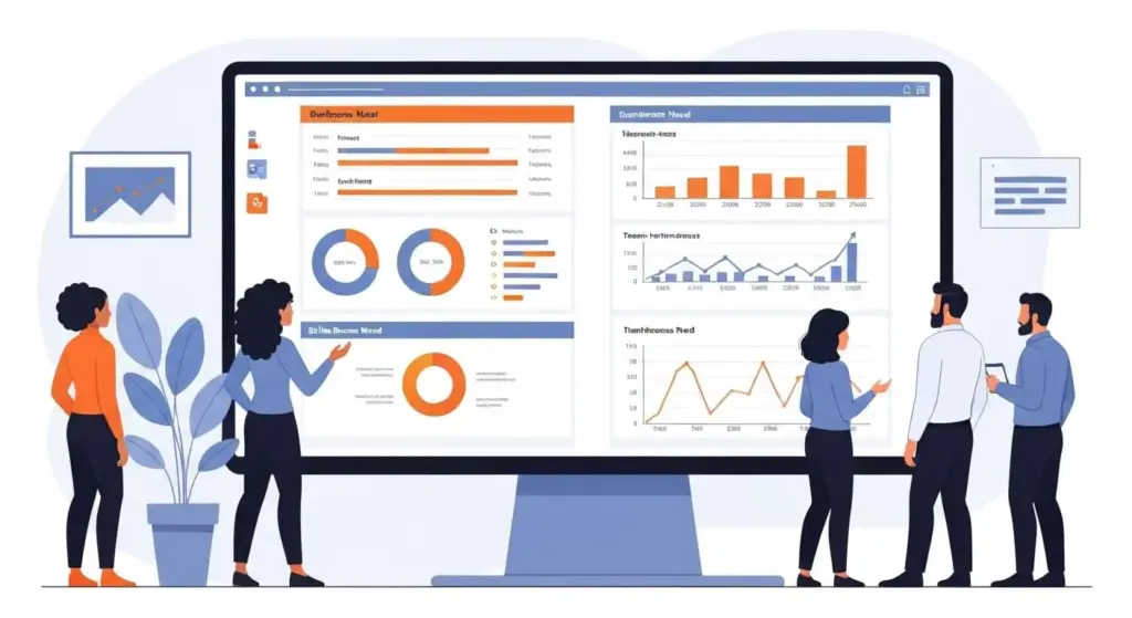 Ilustração de diferentes necessidades de negócios comparadas em um painel compartilhado com visual profissional.