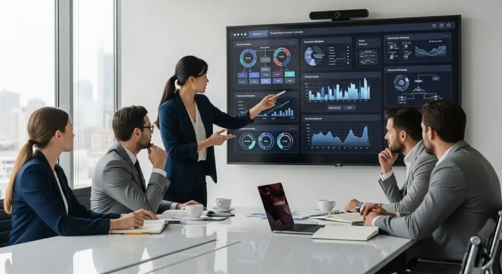 Profissionais reunidos analisando gráficos de estratégia digital em uma grande tela de sala de reunião