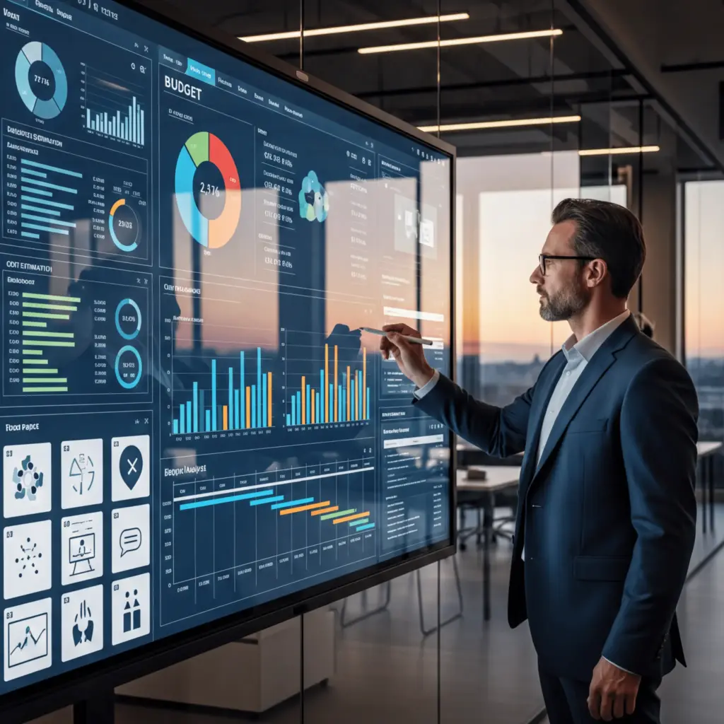 Gestor analisando painel digital com estimativa de custos, cronogramas e telas de software em ambiente corporativo moderno