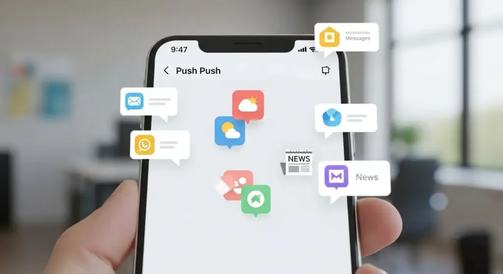 Smartphone exibindo interface de aplicativo com alertas de notificações push em estilo de ilustração moderna.