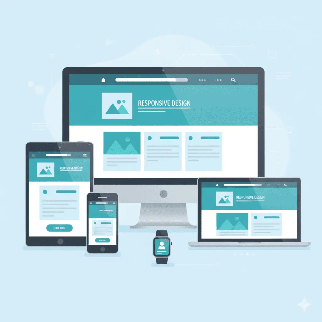 Vários dispositivos digitais exibindo o mesmo layout de site responsivo em uma ilustração moderna e limpa