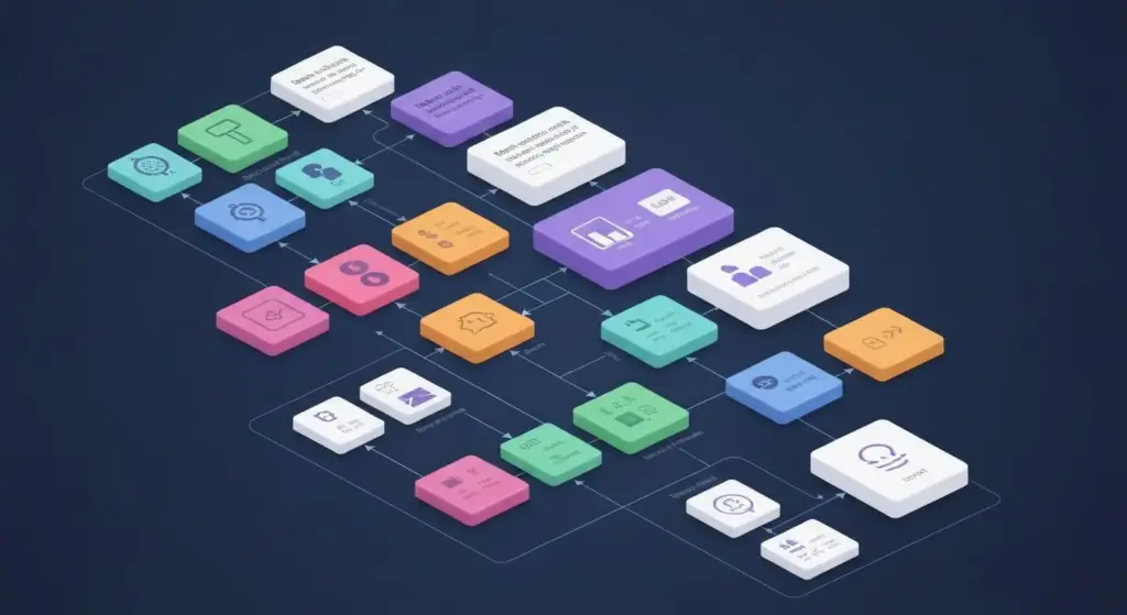 Visualização moderna de telas de software com módulos interconectados e fluxos de dados
