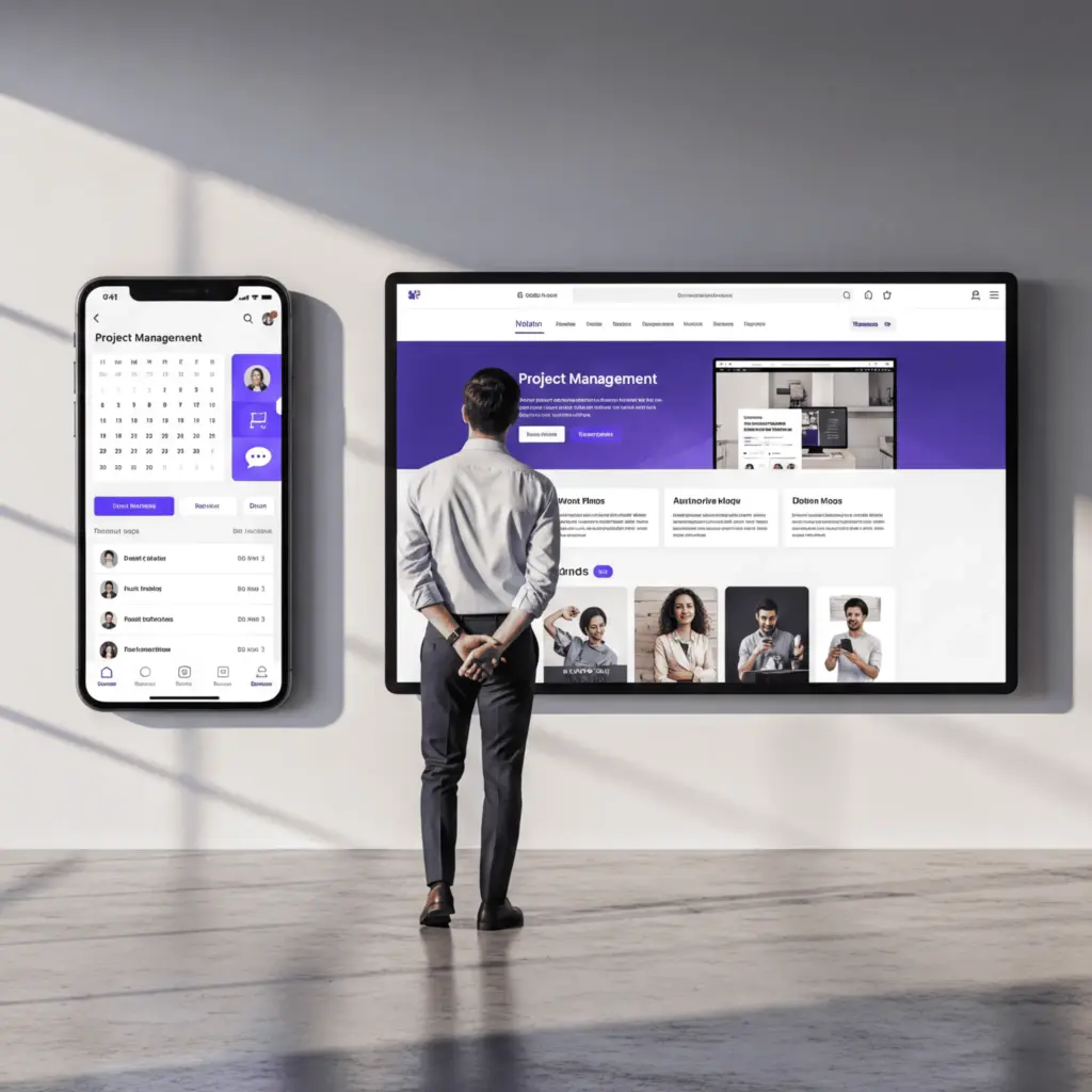 Gestor comparando interfaces de aplicativo mobile e site responsivo em duas telas grandes em um escritório moderno