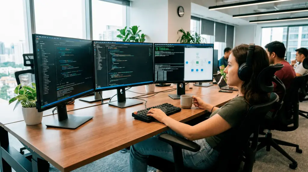 Desenvolvedor revisando código limpo e estruturado em múltiplas telas em um ambiente de trabalho moderno.