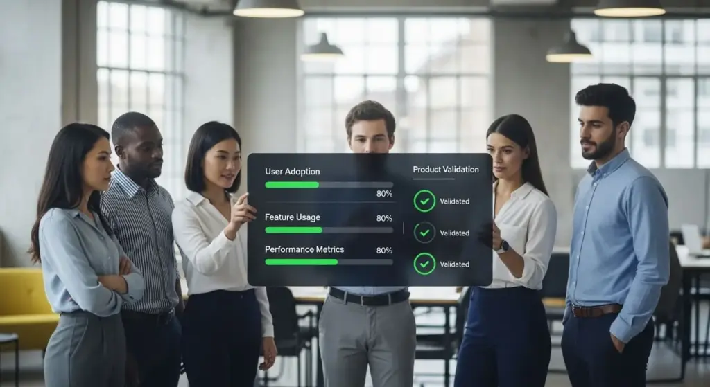 Equipe de negócios lançando uma versão inicial de produto digital com indicadores de progresso em um ambiente corporativo moderno.