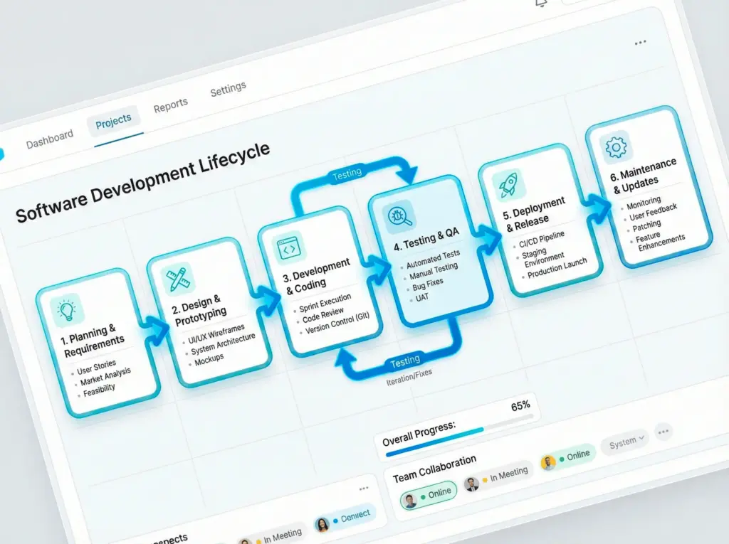 Fluxo digital mostrando etapas do desenvolvimento de software em interface moderna e limpa.