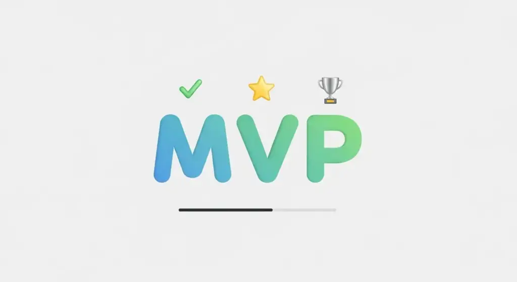 Ilustração limpa mostrando as letras MVP com elementos mínimos de interface e ícones de validação.