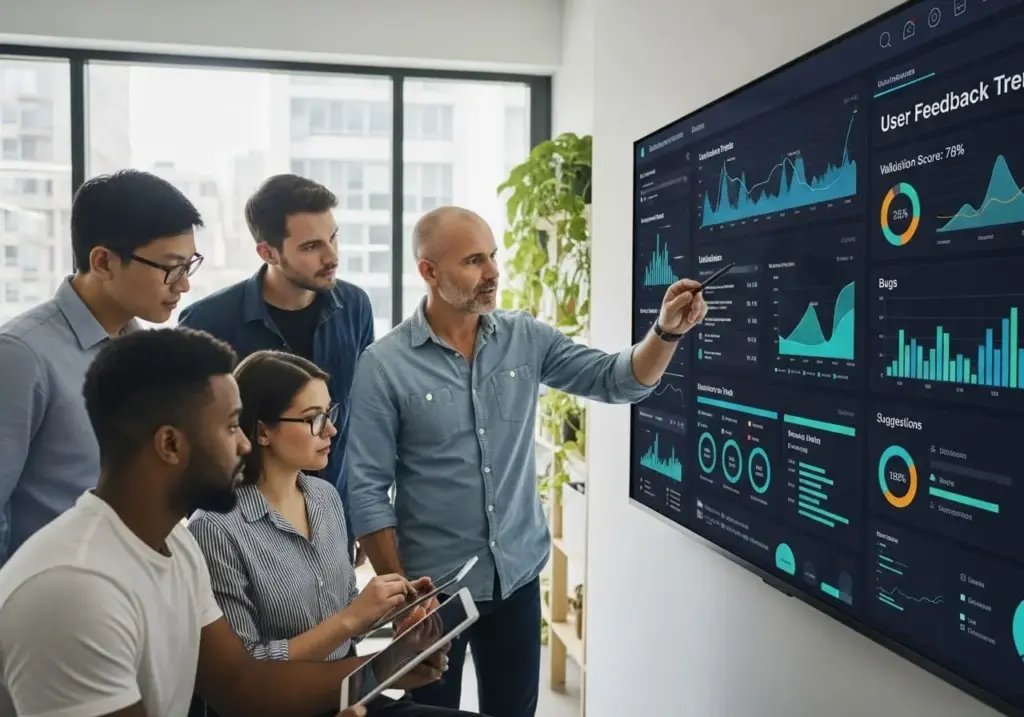 Equipe analisando métricas e feedback de validação de uma primeira versão de software em um painel digital.