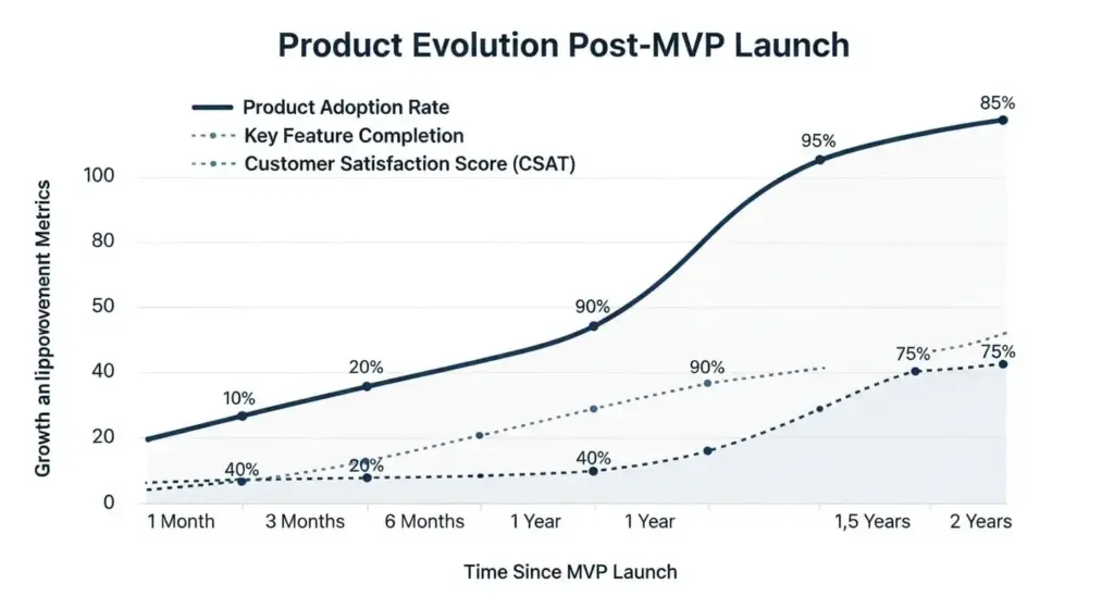 Gráfico ilustrando crescimento e evolução do produto ao longo do tempo após o lançamento do MVP.