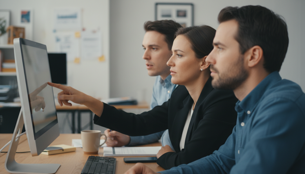 Equipe reunida diante de um monitor durante a adoção de software na empresa