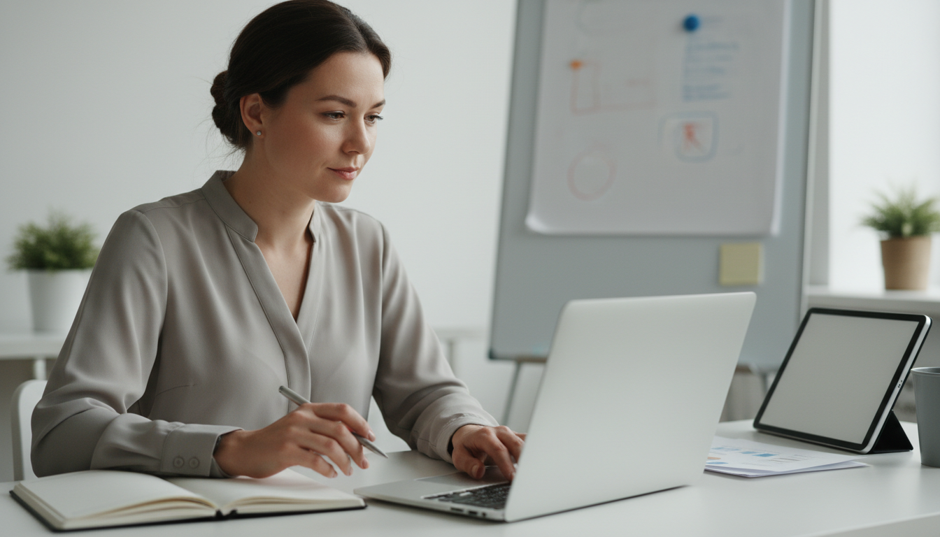 Profissional alternando entre caderno e sistema, sinal de baixa adoção de software