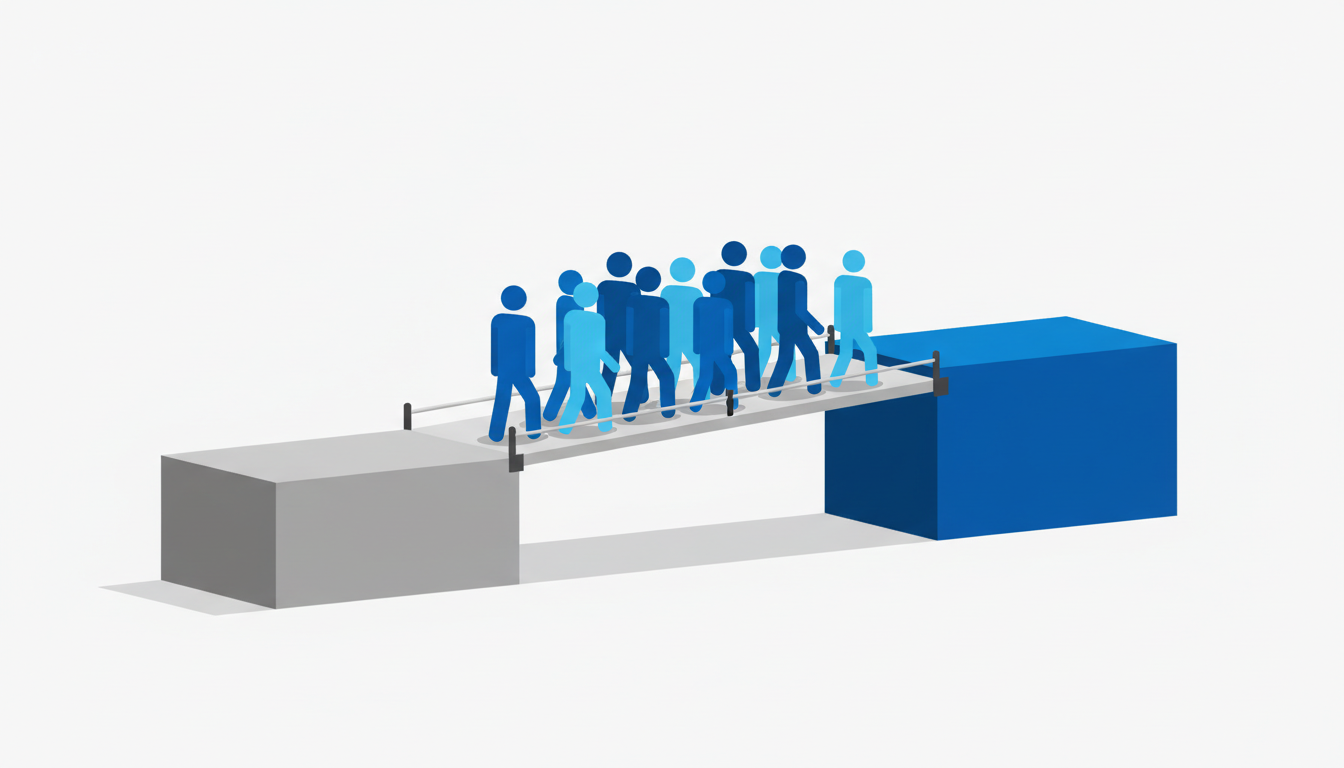 Ilustração de equipe migrando do processo antigo para o novo sistema