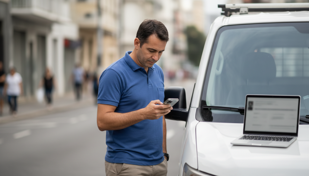 Técnico de campo usando aplicativo interno da empresa no celular
