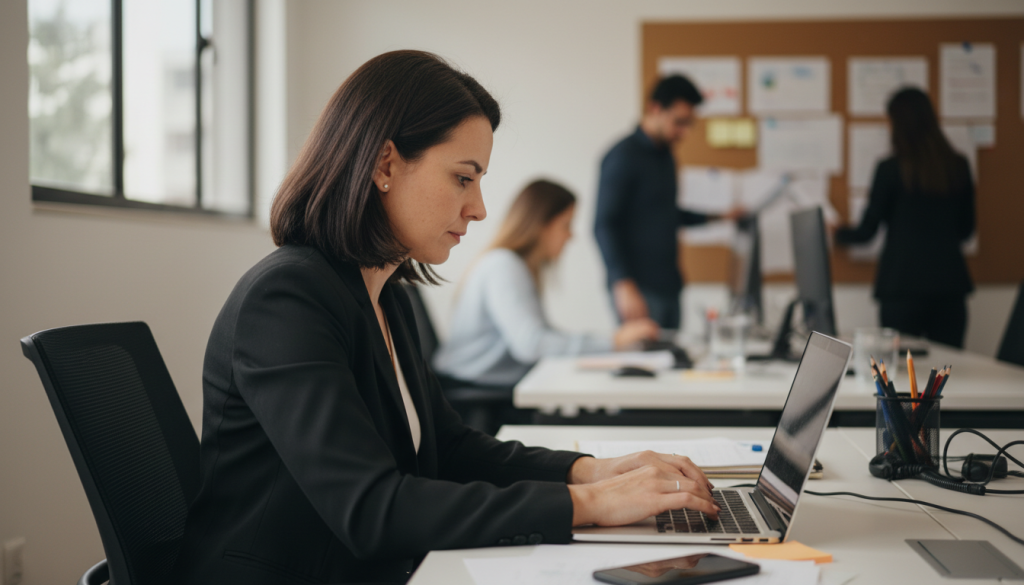 Profissional trabalhando com tranquilidade em escritório moderno após automatizar processos repetitivos
