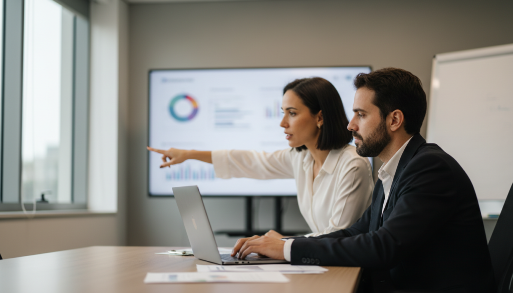Profissionais analisando dashboards de indicadores em reunião de resultados