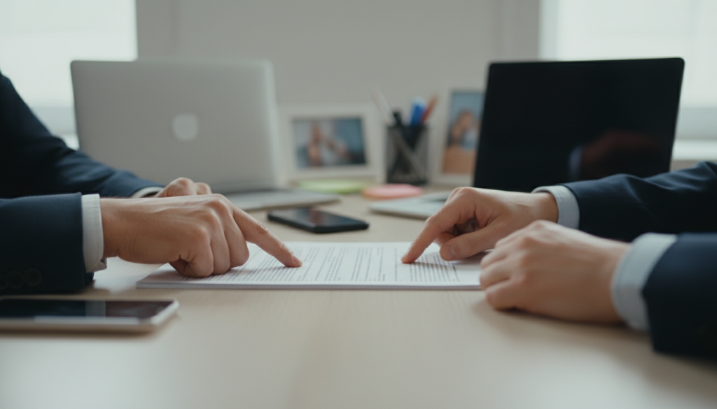 Empresária revisando contrato de desenvolvimento de software antes de assinar