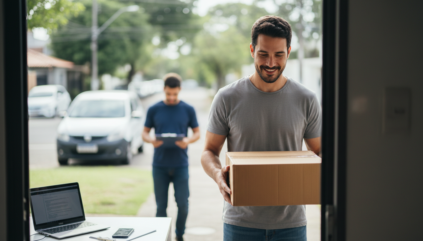 Cliente recebendo pedido feito no e-commerce próprio da marca
