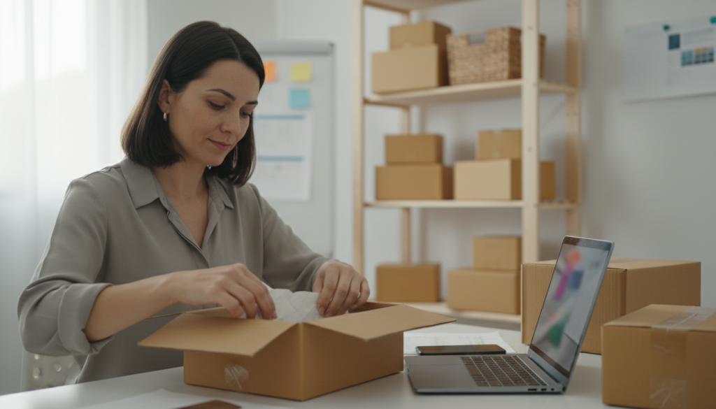 Empreendedora preparando envios da loja virtual própria
