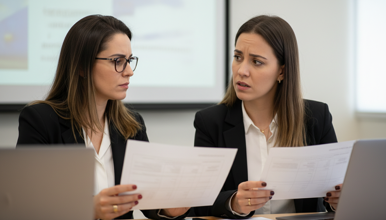 Equipe conferindo versões conflitantes da mesma planilha