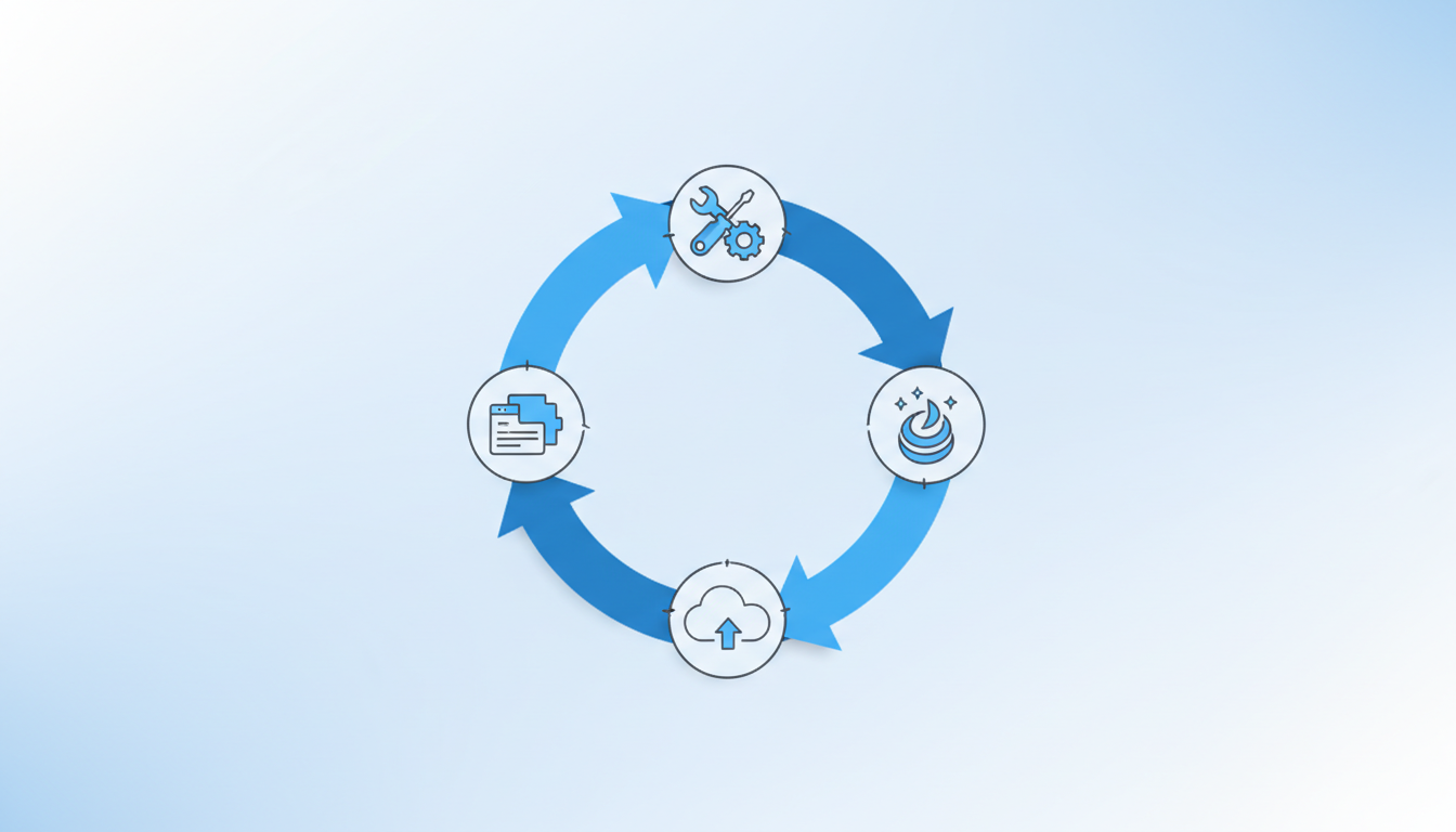 Ilustração do ciclo contínuo de manutenção de software com etapas de correção, atualização e evolução