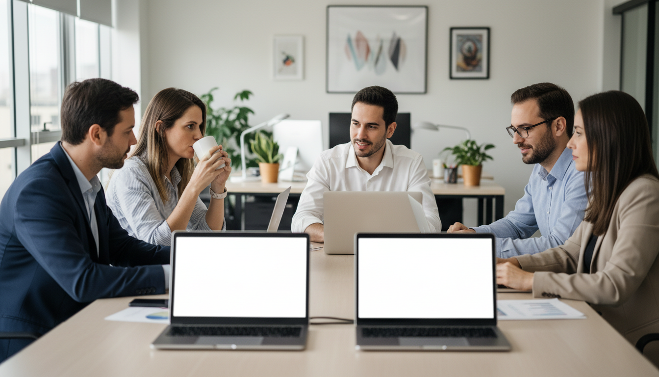 Equipe acessando sistemas na nuvem de um escritório moderno