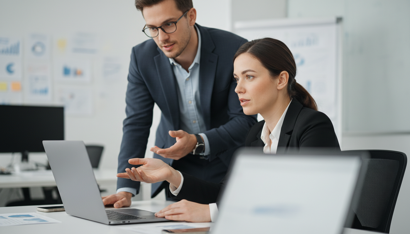 Colegas revisando juntos o resultado gerado por inteligência artificial