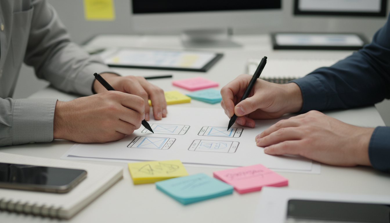 Esboço de wireframes de um sistema em papel durante a prototipagem
