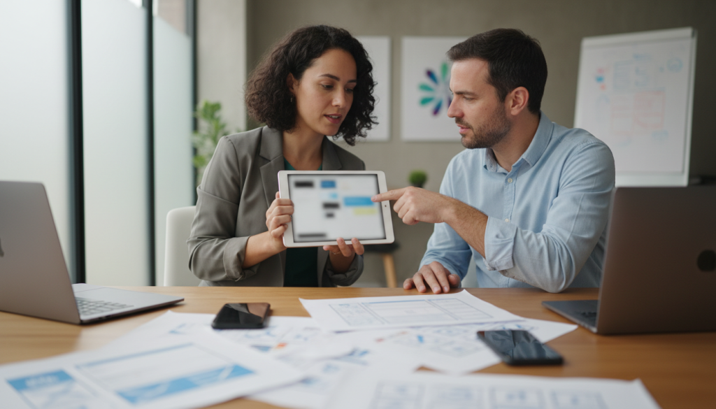 Designer apresentando protótipo navegável de um sistema para cliente