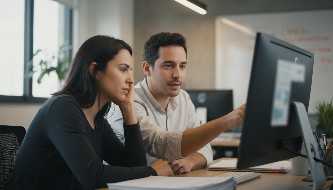 Desenvolvedores revisando testes de software em um monitor