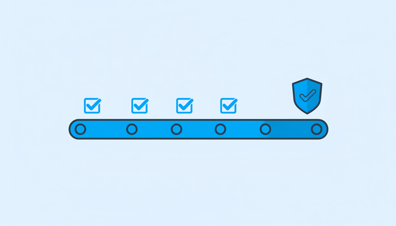 Ilustração de um pipeline de testes de software terminando em um escudo de qualidade