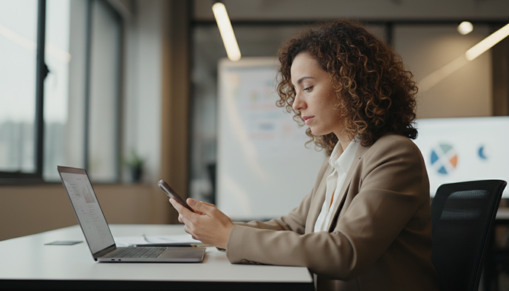 Analista de QA testando um sistema em celular e notebook
