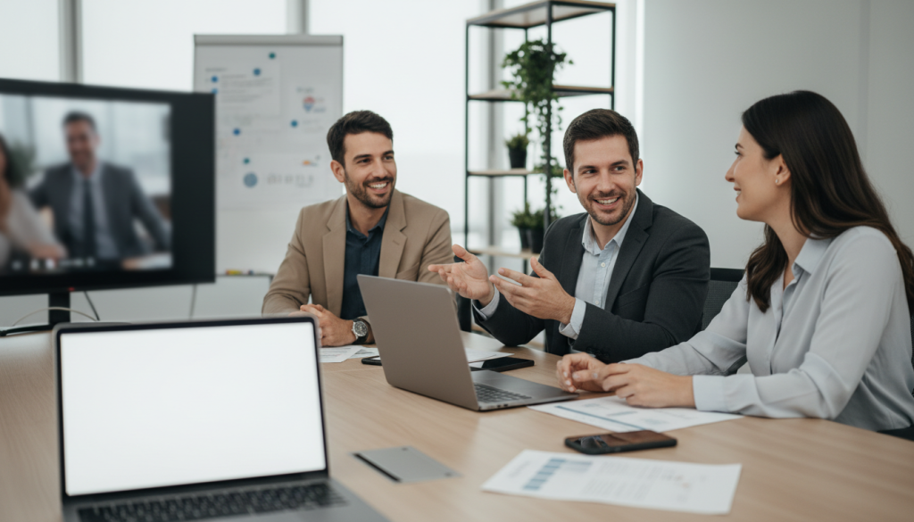 Reunião híbrida entre time de TI interno e equipe terceirizada