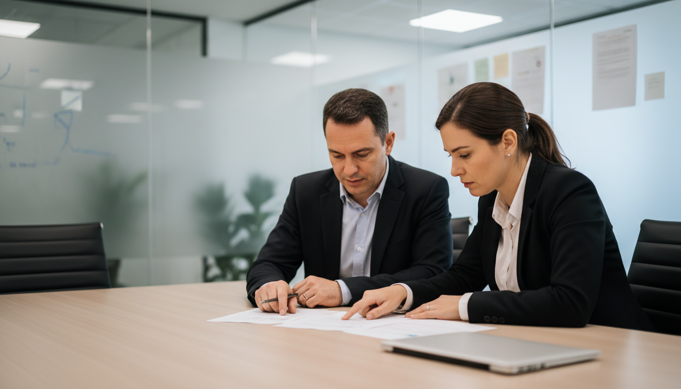 Executivos avaliando o laudo de auditoria antes de renovar o contrato