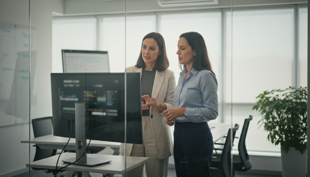 Equipe discutindo o processo de deploy automatizado diante de um monitor